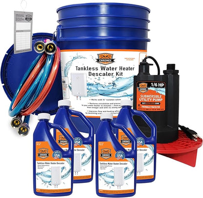 Chromex Tankless Water Heater Flush Kit with 4 Quarts Certified Liquid Descaling Solution and 1/6HP Extra Strength Pump