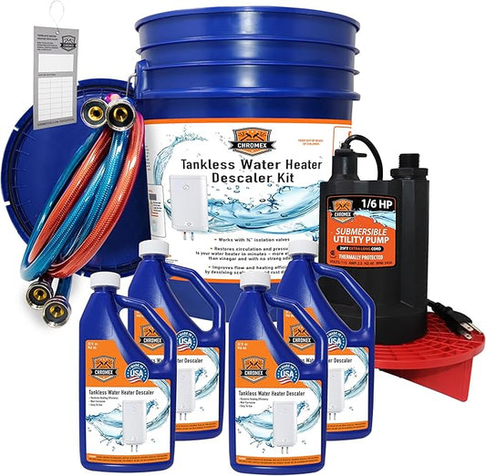 Chromex Tankless Water Heater Flush Kit with 4 Quarts Certified Liquid Descaling Solution and 1/6HP Extra Strength Pump