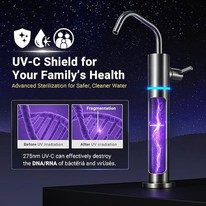 LCF LED UV͎ Ultrąviolët Filtered Water Faucet, Drinking Water Faucet, Reverse Osmosis(RO) Faucet for Kitchen Bar Sink, Reduces Up to 99.9% of Baçtёria, 304 Stainless Steel, Mercury-Free & Lead-Free
