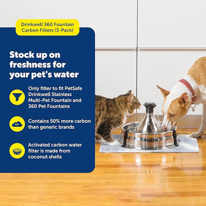PetSafe Drinkwell 360 Fountain Carbon Filters - Supports Hydration - Coconut Shell Carbon - Clean Water Solution - Fits Drinkwell Stainless Multi-Pet & Plastic 360 Fountains - 3 Pack