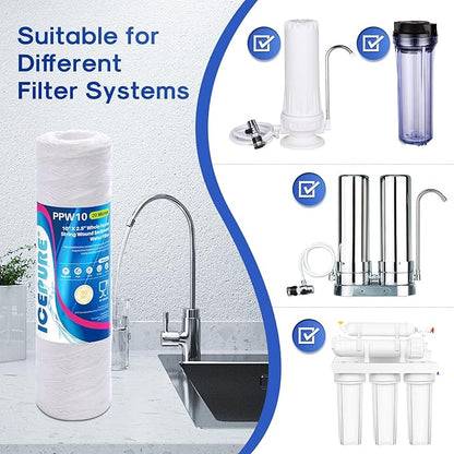 ICEPURE 20 Micron 10" x 2.5" Whole House String Wound Sediment Water Filter for Well filter Replacement for Aqua-Pure AP110, WP-5, Culligan P5, CFS110, CW-MF, WFPFC4002, Any 10 inch RO Unit, 4PACK