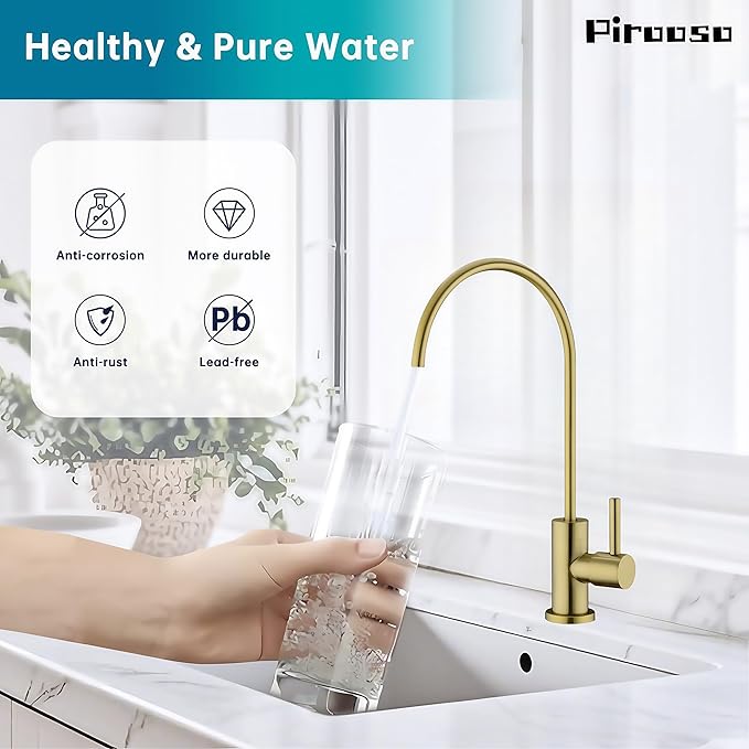 Brass RO Faucet - 360° Swivel Drinking Water Faucet for Kitchen Sink, Lead-Free Water Filter Faucet Compatible with Reverse Osmosis & Under Sink Filtration Systems, Elegant Brushed Gold Finish
