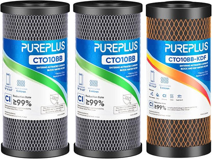 PUREPLUS 5 Micron 10"x4.5" Whole House Water Filter Replacement Bundle 3 Pack – 2× CTO Chlorine Taste Odor Reduction + 1× KDF Heavy Metal Filter – Fits Standard Housings GXWH40L, WFHDC8001, FXHTC