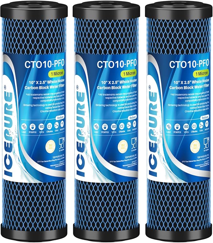 ICEPURE 1 Micron 10" x 2.5" Whole House PFOA/PFOS Carbon Water Filter Cartridge Replacement for DuPont WFPFC8002, WFPFC9001, SCWH-5, WHCF-WHWC, FXWTC, CBC-10, RO Unit, Pack of 3