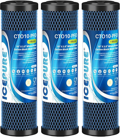 ICEPURE 1 Micron 10" x 2.5" Whole House PFOA/PFOS Carbon Water Filter Cartridge Replacement for DuPont WFPFC8002, WFPFC9001, SCWH-5, WHCF-WHWC, FXWTC, CBC-10, RO Unit, Pack of 3