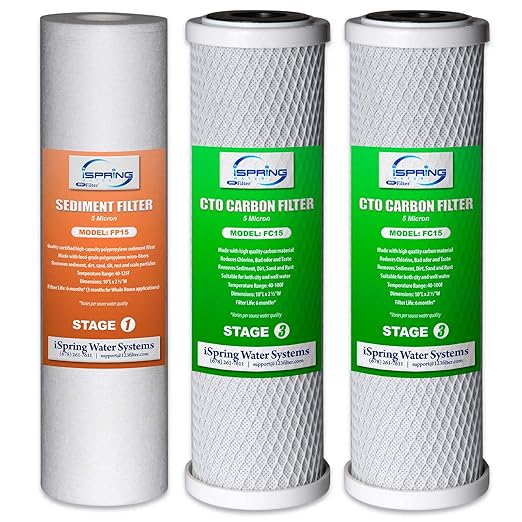 iSpring F3CTO 10-inch Universal Replacement Set Cartridges for Reverse Osmosis and 3-Stage Water Filtration Systems Sediment, 2 x Carbon Block Filters, 1 Count (Pack of 1), White