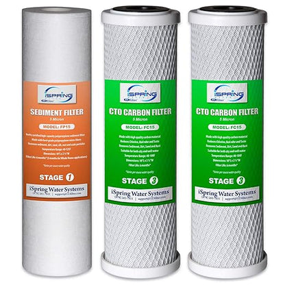 iSpring F3CTO 10-inch Universal Replacement Set Cartridges for Reverse Osmosis and 3-Stage Water Filtration Systems Sediment, 2 x Carbon Block Filters, 1 Count (Pack of 1), White