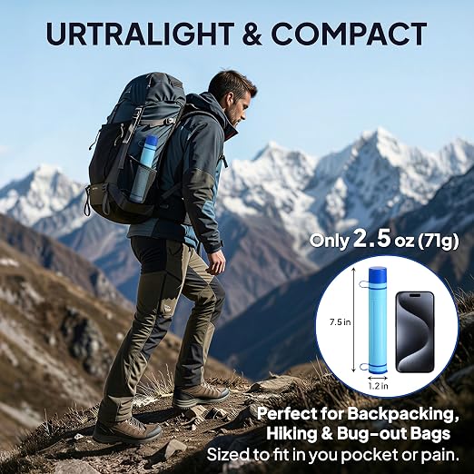 Greeshow Portable Water Filter Straw, Personal Water Filtration System with Replaceable Cartridge, 0.01 Micron Survival Water Purifier Gear for Hiking, Camping, Travel & Emergency Prep, 1 Pack