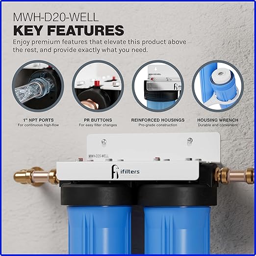 iFilters 2-Stage 20″ Well Water Whole House Filtration System | Dual-Stage Sediment & GAC/KDF Filters | Reduces Rust, Iron Sediment, Chlorine, Odor & Taste | 1″ Ports