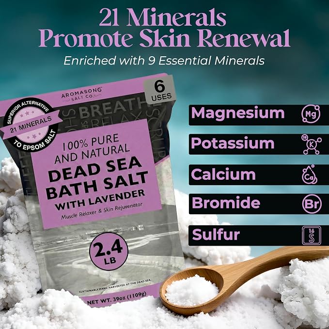 Aromasong Pure Dead Sea Salt for Soaking with 100% Natural Lavender, 2.43 LB - Spa Bath Salt Fine Grain - Body Wash Scrub - Soak for Women & Men- Bulk Resealable Pack