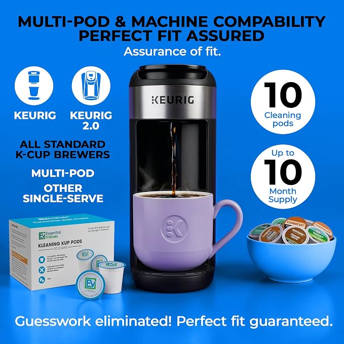 Essential Values Cleaning Pods, Compatible with Keurig, Descaling Solution 10-Pack, Descaler for Keurig Coffee Machines, Pot Kit, Coffee Maker Cleaner Filter Pods