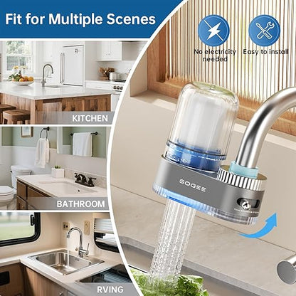 Faucet Filter, Sink Water Filter with Ceramic & Carbon Filters 200+ Gallons Remove Chlorine, Odors, Heavy Metals, Fits 15/16", 13/15", 3/4" Kitchen Faucets, 2 Filters,LJ02