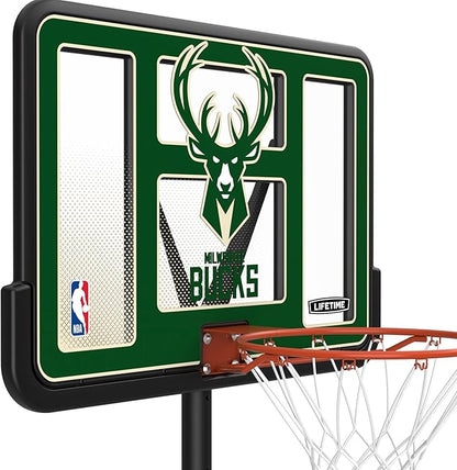 Lifetime NBA Milwaukee Bucks Portable Basketball Hoop, Adjustable Height 7.5-10 Ft, 44 Inch Shatterproof Fusion Backboard, Base with Wheels