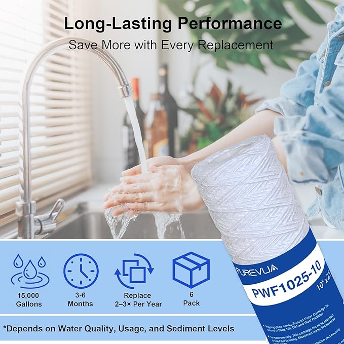 10 Micron 10"x2.5" String Wound Sediment Filter, Whole House Water Filter Cartridge for Well Water, Compatible with CW-F, AO-WH-PRE-R2, WHKF-WHSW, Fits Standard 10" Housings, 6 Pack