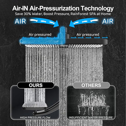 Rain Shower Head with Handheld High Pressure rainfall Shower Heads with Handheld Spray Combo Adjustable one-piece stand daul shower head Built-in Magnetic Docking and Power Jets-Black