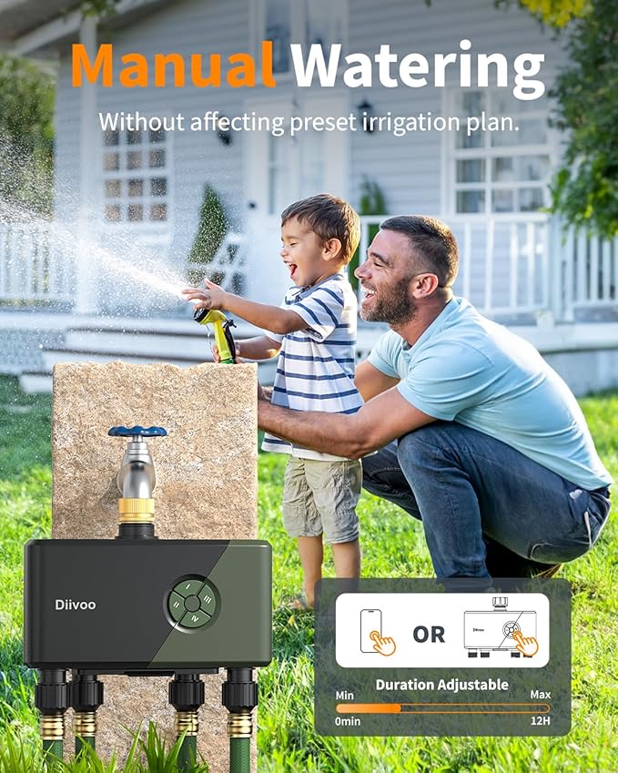 Diivoo Brass 4 Outlets WiFi Water Timer | App Remote Control, 24 Custom Schedules, Rain Delay & Mist Mode for Lawn, Compatible with Alexa/Google Assistant