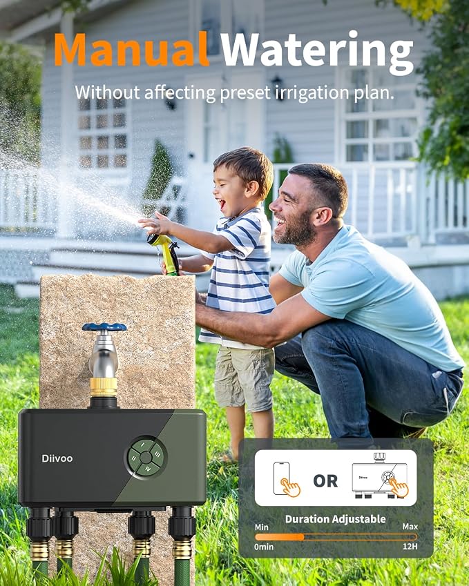 Diivoo WiFi Water Timer for Garden Hose, 4 Zone Smart Sprinkler Timer with Brass Inlet, Ethernet & 2.4GHz WiFi Connection, Compatible with Alexa/Google, 24 Irrigation Plans & Rain Delay Mode for Lawns