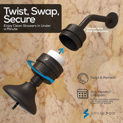 SparkPod 23-Stage Filtered Shower Head with 3 Spray Settings - High Pressure Shower Head with Filters for Dry Hair and Skin - Showerhead with Filter Reduces Chlorine & Heavy Metals (Oil-Rubbed Bronze)