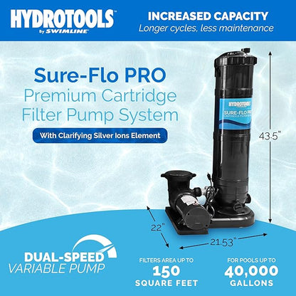 SWIMLINE HYDROTOOLS Pool Cartridge Filter Pump System For Above Ground & Inground Pool | 150 SQ FT | VARIABLE DUAL 2-SPEED 1 .5HP 5820 GPH | For Pools Up To 40000 Gallon | Silver Ion Element & Timer