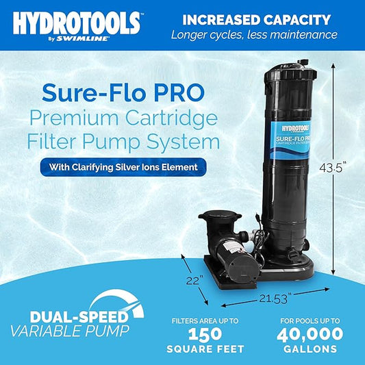 SWIMLINE HYDROTOOLS Pool Cartridge Filter Pump System For Above Ground & Inground Pool | 150 SQ FT | VARIABLE DUAL 2-SPEED 1 .5HP 5820 GPH | For Pools Up To 40000 Gallon | Silver Ion Element & Timer