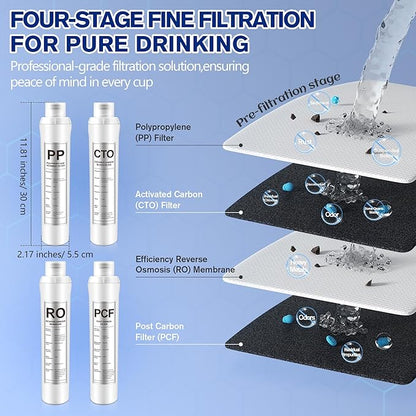 4 Pack Water Filter Replacement Compatible with Bluevua RO100ROPOT, Water Filters Set, 1 PP, 1 CTO, 1 RO, 1 PCF, Improved Drink Quality, Easy to Replace for Household Daily Use