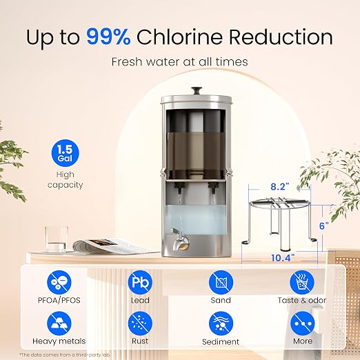 Waterdrop TK15-A-S Gravity Water Filter System, NSF/ANSI 42&372 Certified | Reduce Lead and Up to 98% Chlorine, with Stainless Steel Stand for Home, Travel, Emergencies, 1.5G