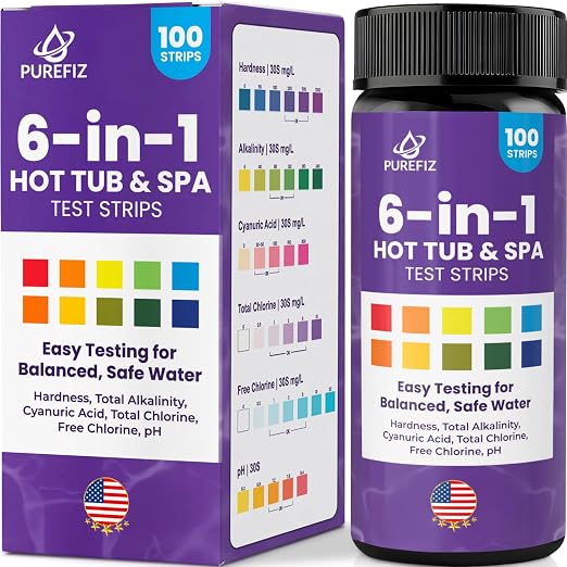 Hot Tub & Spa Test Strips 6-in-1 (100-Pack) - Accurately Monitors pH, Free/Total Chlorine, Alkalinity, Hardness, and Cyanuric Acid - Perfect for Chlorine-Based Spas and Jacuzzis (Not for Bromine)
