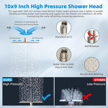 Hibbent All Metal Rain Filtered Shower Head, 10'' High Pressure Rainfall Showerhead with 16" Shower Extension Arm, 20 Stage Shower Filter, Solid Brass Adjustable Shower Arm Extender, Brushed Nickel