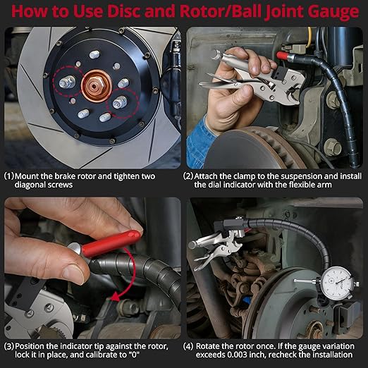 XUNTOP 0-1/0.001" Runout Gauge Set Dial Disc and Rotor/Ball Joint Gauge Dial Indicator with 13.77" Flexible Arm and 7" Locking Plier Disc Brake Rotor Gauge Set for Automotive Mechanical Industrial