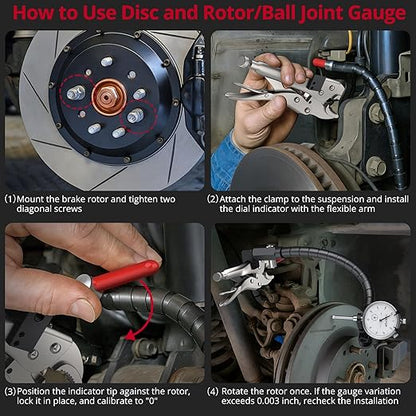XUNTOP 0-1/0.001" Runout Gauge Set Dial Disc and Rotor/Ball Joint Gauge Dial Indicator with 13.77" Flexible Arm and 7" Locking Plier Disc Brake Rotor Gauge Set for Automotive Mechanical Industrial