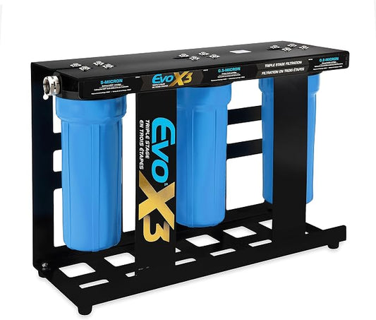 Camco Evo X3 Triple Stage Premium RV Water Filter Kit — Travel Accessory for Clean, Great-Tasting Water — Superior 0.2-Micron Filtration — Carbon Water Filter Removes Viruses, Bacteria, etc.