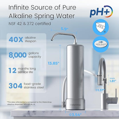 [Alkaline] Waterdrop Water Filter for Sink Faucet, NSF/ANSI 42 Certified Countertop Water Filter System, 5-Stage Stainless Steel Faucet, 8000 Gallons, Reduces 99% Chlorine, WD-CTF-03(1 Filter)
