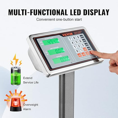 VEVOR Computing Digital Platform Scale, 660 lbs Load, 0.1 lbs Accuracy Computing Floor Scale with LB/KG, Tare, Price Calculator, Stainless Steel High-Definition Display for Boxes, Luggages, FCC Listed