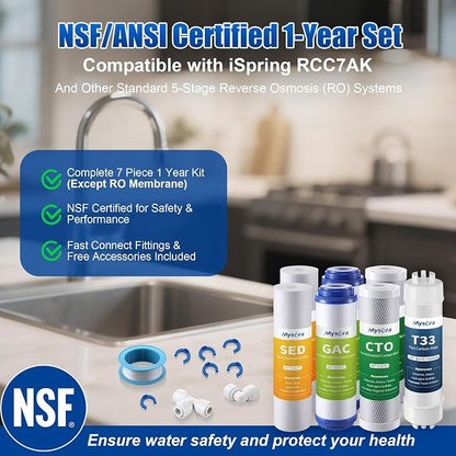 F7 NSF Certified 1-Year Replacement Filter Cartridge Pack Compatible with iSpring RCC7AK, 7-Count for Standard 5-Stage RO System, Without RO Membrane & Alkaline Remineralization Filter