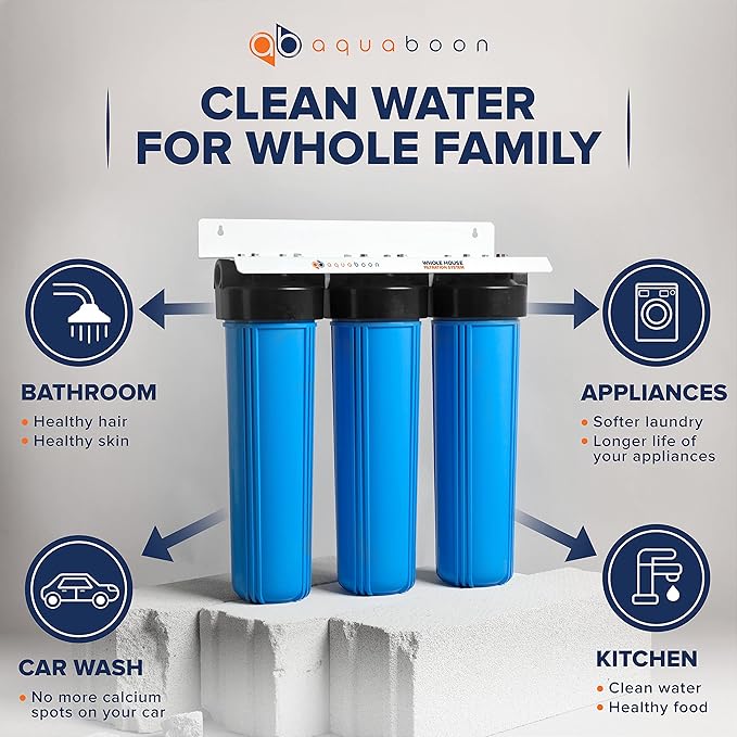 Aquaboon 3-Stage Whole House Water Filter System with 20x4.5 CTO & Sediment Filters, Against Sediment & Chlorine | w/Wrench, Bracket, Gauge & Release