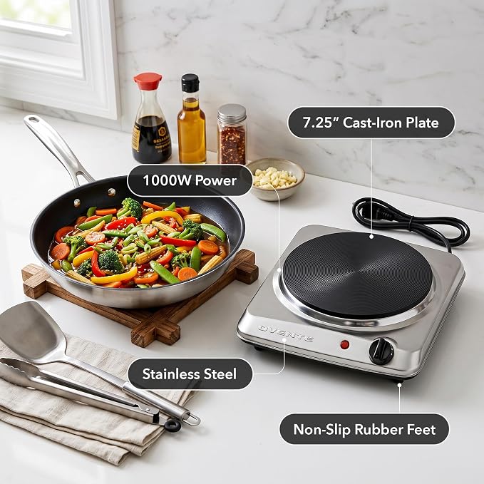 OVENTE Electric Cast Iron Single Burner, 1000W Hot Plate, Silver BGS101S | 7.25" Portable Countertop Cooktop, Stainless Steel, 5 Level Temperature Control, Compact Cooking Stove, Easy to Clean