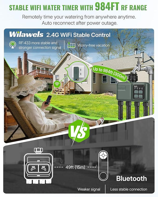 WiFi Water Timer for Garden Hose, Sprinkler Timer 4 Zone, Smart Hose Water with WiFi Irrigation Controller,Voice Control RF433 Automatic Irrigation System/Rain Delay/Manual Watering D34WT06
