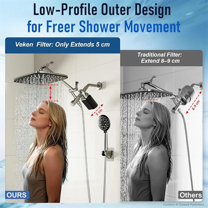 Veken Shower Filter to Reduce Chlorine, KDF Shower Head Filters with Activated Carbon and Calcium Sulfite for Filtered Shower Water, Filtro Para Ducha De Baño, Easy to Install, Black & Chrome