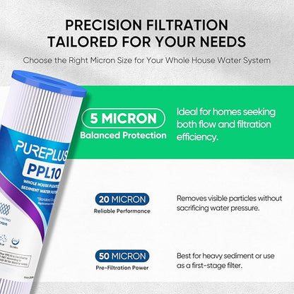 PUREPLUS 5 Micron 10"x2.5" Whole House Pleated Sediment Filter for Well Water, Replacement Cartridge for Universal 10 inch RO System, W50PE, WFPFC3002, SPC-25-1050, FM-50-975, 801-50, WB-50W, 6Pack