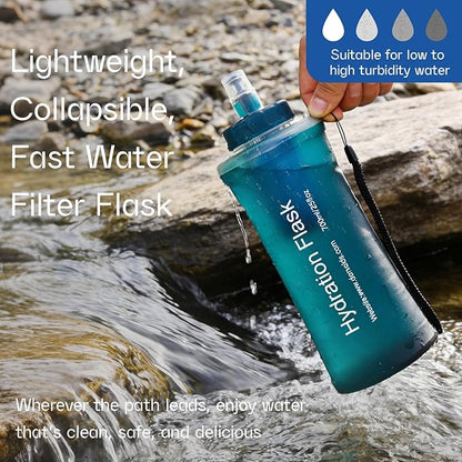 GUYI 500ml Collapsible Water Filter Bottle, Removes Impurities, BPA Free, Ultralight for Hiking, Camping, Cycling & Travel-Dusty Blue