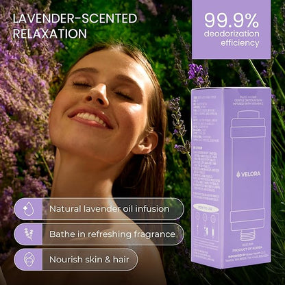 VELORA Vitamin C Shower Filter - Lavender-Scented Aromatherapy Shower Water Filter and Softener - Universal Showerhead Bathroom Attachment - Replenish Dry Skin, Soften and Nourish Hair
