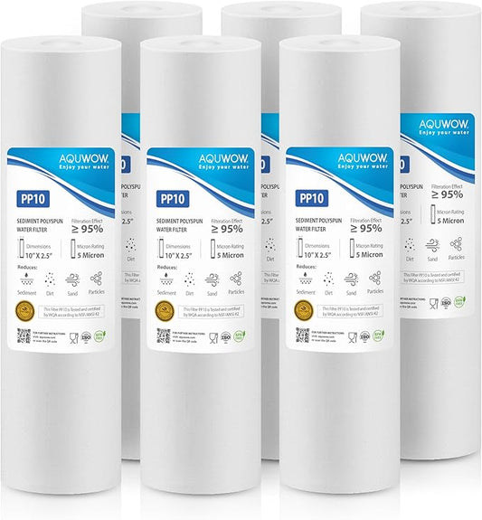 PP10 5 Micron 2.5" x 10" Filter Set – Sediment Replacement Cartridges for Whole House Water Filtration Systems, Universal Standard PP Filters (6, 10 x 2.5)
