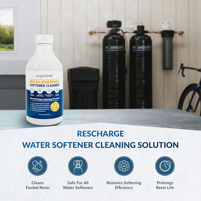 Aquasure Rescharge Liquid Water Softener Cleaner Solution | Restores Whole House Softener Efficiency, Cleans Fouled Resin, Removes Contaminants, Extends Water Softener Life, 16 Oz