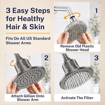 Gillian Filtered Shower Head for Hard Water - High Pressure Metal Showerhead Filter For Hair and Skin with Genuine KDF-55 - Removes Toxic Chemicals, Chlorine and Heavy Metals, Gray