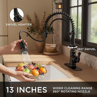 FORIOUS Kitchen Faucet with Pull Down Sprayer, Oil Rubbed Bronze, Stainless Steel Single Handle Spring Antique Kitchen Sink Faucet with Deck Plate, Sutiable for Farmhouse, RV, Camper, Wet Bar