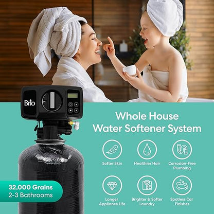 Brio WSFS9510 Whole House Water Softener System, 2-3 Bathrooms, 32,000 Grains, 7-8 GPM, 9" x 48" Resin Tank, High-Efficiency Valve Head, Fully Compatible w/Existing Water Filtration System