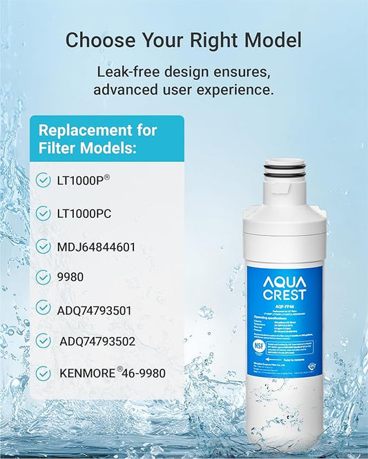 AQUA CREST LT1000PC ADQ747935 MDJ64844601 NSF Certified Refrigerator Water Filter, Replacement for LG® LT1000P®, LT1000PCS, ADQ74793501, ADQ74793502, Kenmore 469980, 9980, Pack of 2