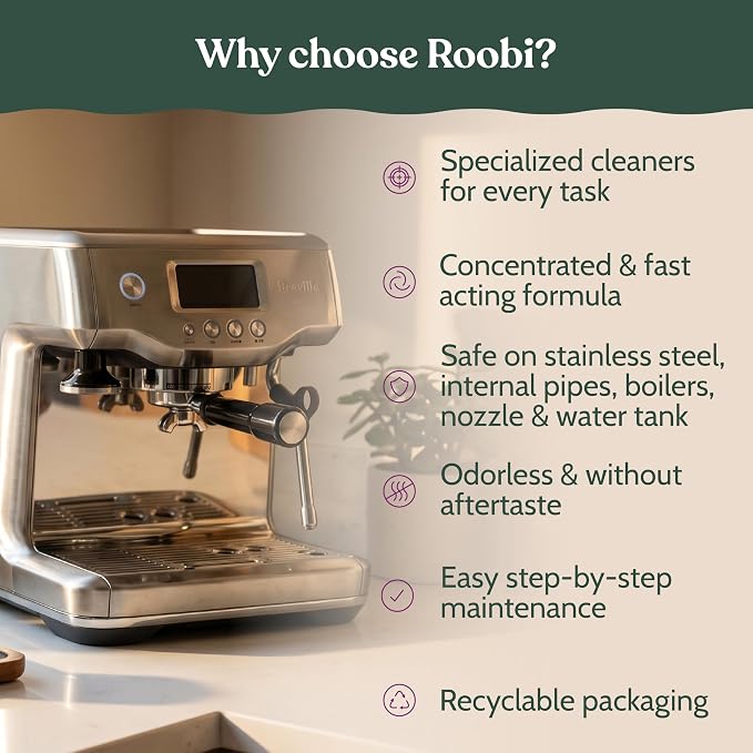 Roobi Espresso Complete Cleaning Kit Compatible with Breville | Descaling Solution, Espresso Cleaning Tablets, Water Tank Tabs, Multi-Surface Cleaner, 54mm Disc, Brush & Cloth