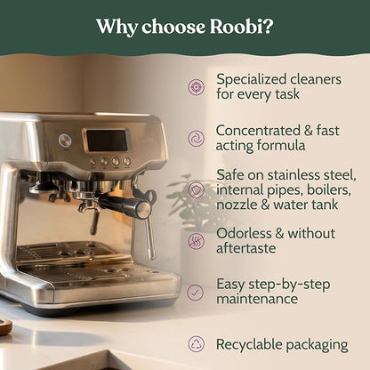 Roobi Espresso Complete Cleaning Kit Compatible with Breville | Descaling Solution, Espresso Cleaning Tablets, Water Tank Tabs, Multi-Surface Cleaner, 54mm Disc, Brush & Cloth