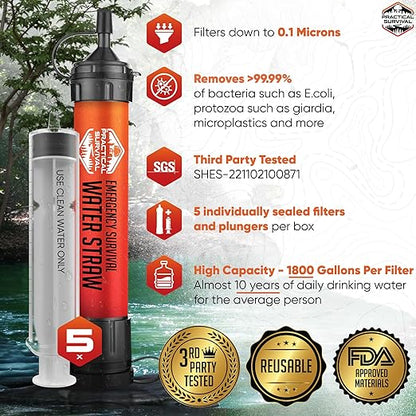 5 High-Capacity Emergency Water Straws – Lightweight, Reusable, 1800-gallon Filters for Camping, Hiking, Travel, Biking, Survival, and Emergency Preparedness - No Expiration Date - Practical Survival